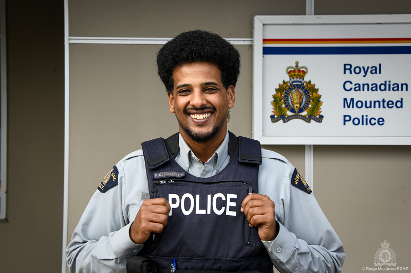 Constable Sirak Gebresellasie in front of the Pitt Meadows Community Policing Office