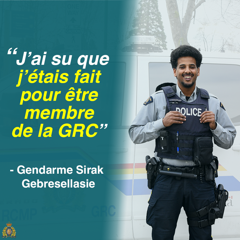 Plan moyen du gendarme Sirak Gebresellasie devant un camion de police. - "j’ai su que j’étais fait pour être membre de la GRC."