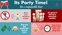 It's party time graphic, showing wine glasses, taxi and a clock