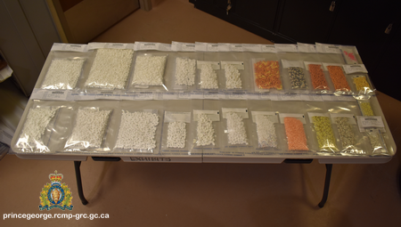 Photo of the prescription pills seized during one investigation, laid out on a table in individual evidence bags.